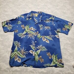 Islander Hawaiian Shirt Mens Large Blue Leaf Print Short Sleeve Button Up Aloha